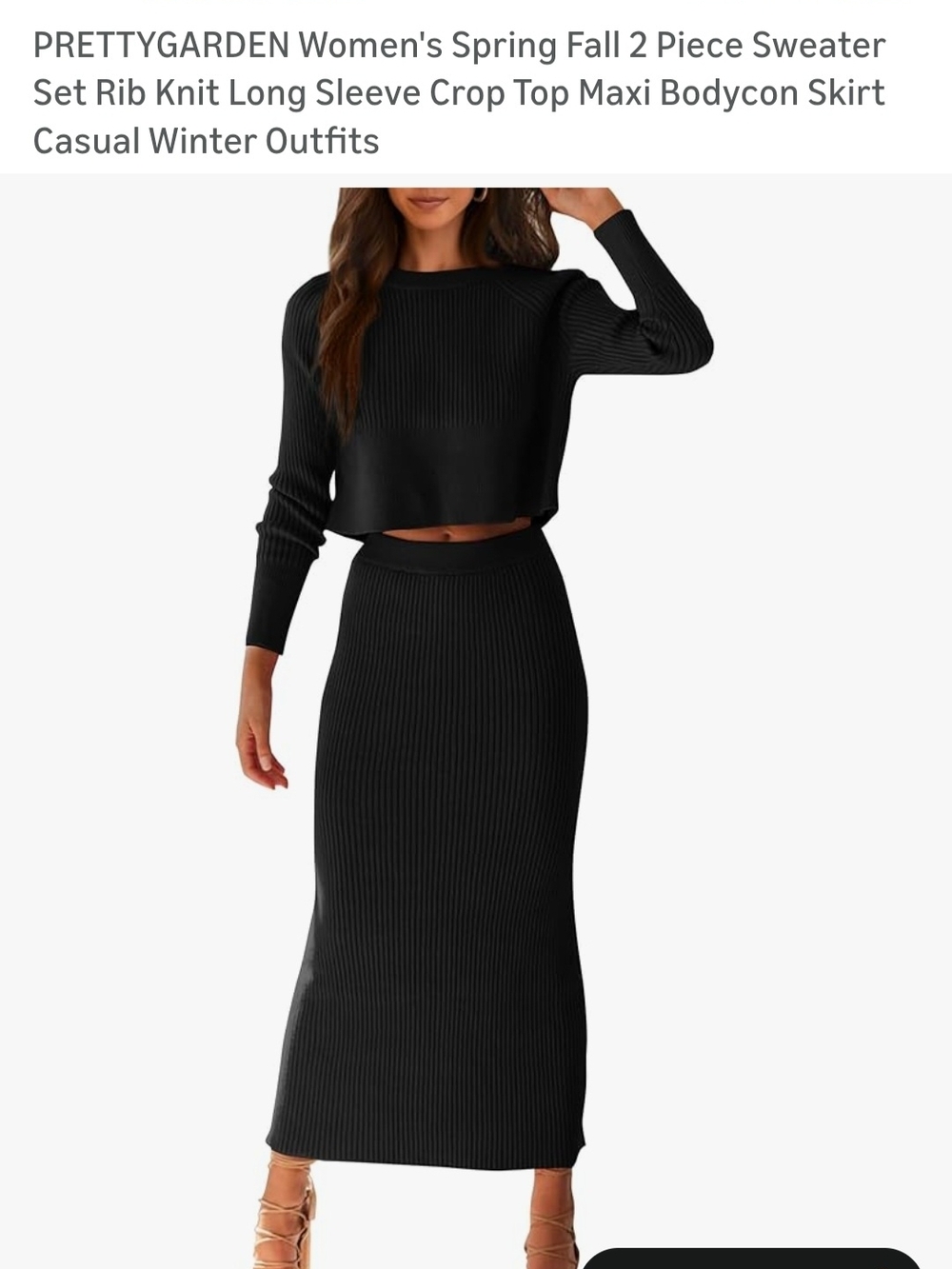 PRETTYGARDEN Black Rib Knit Maxi Skirt & Crop Top - Women's 2 Piece BODYCON MIDI